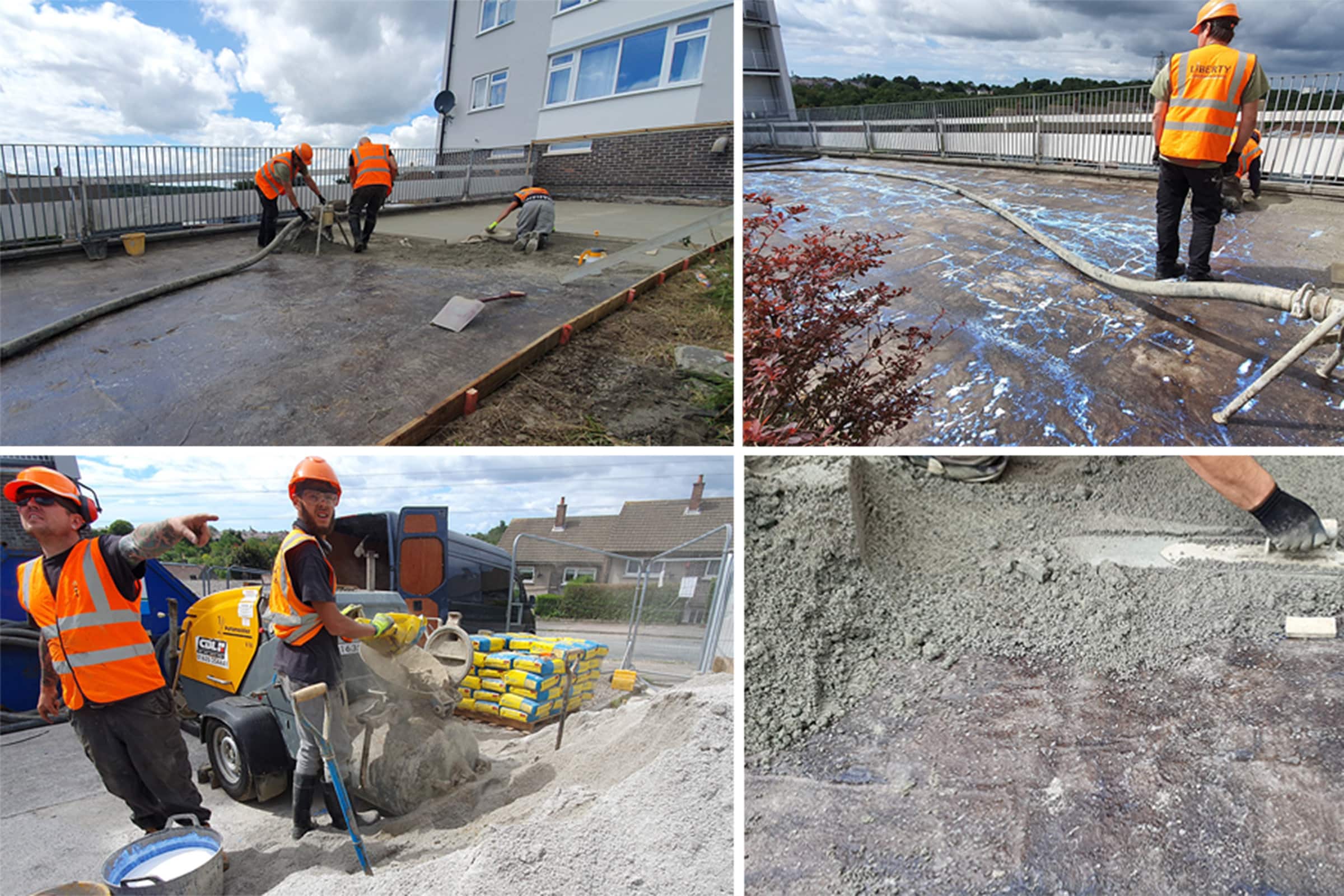 Contractors applying floor screed material to a garage roof