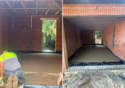 Split view of a completed floor screed project at a new build property. Garage and extension