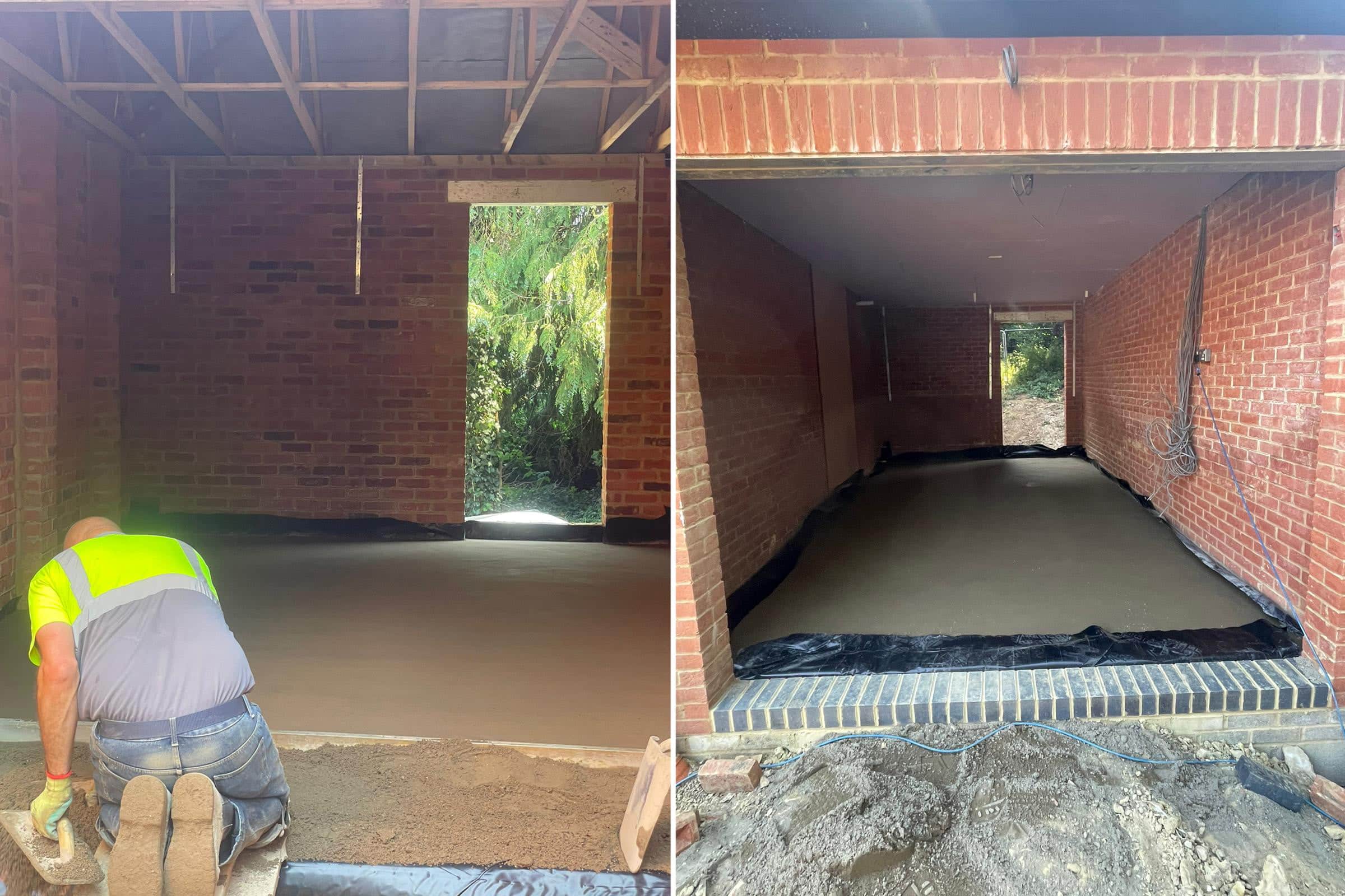 Floor screeding at a double garage in Daventry, Northants Split view of a completed floor screed project at a new build property. Garage and extension