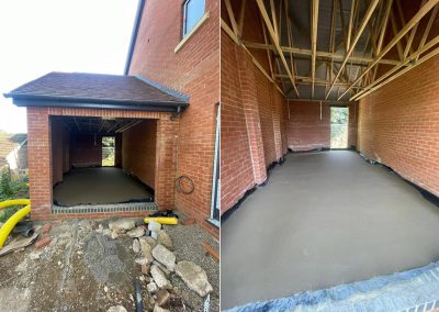 Split view of a completed floor screed project at a new build property. Garage and extension