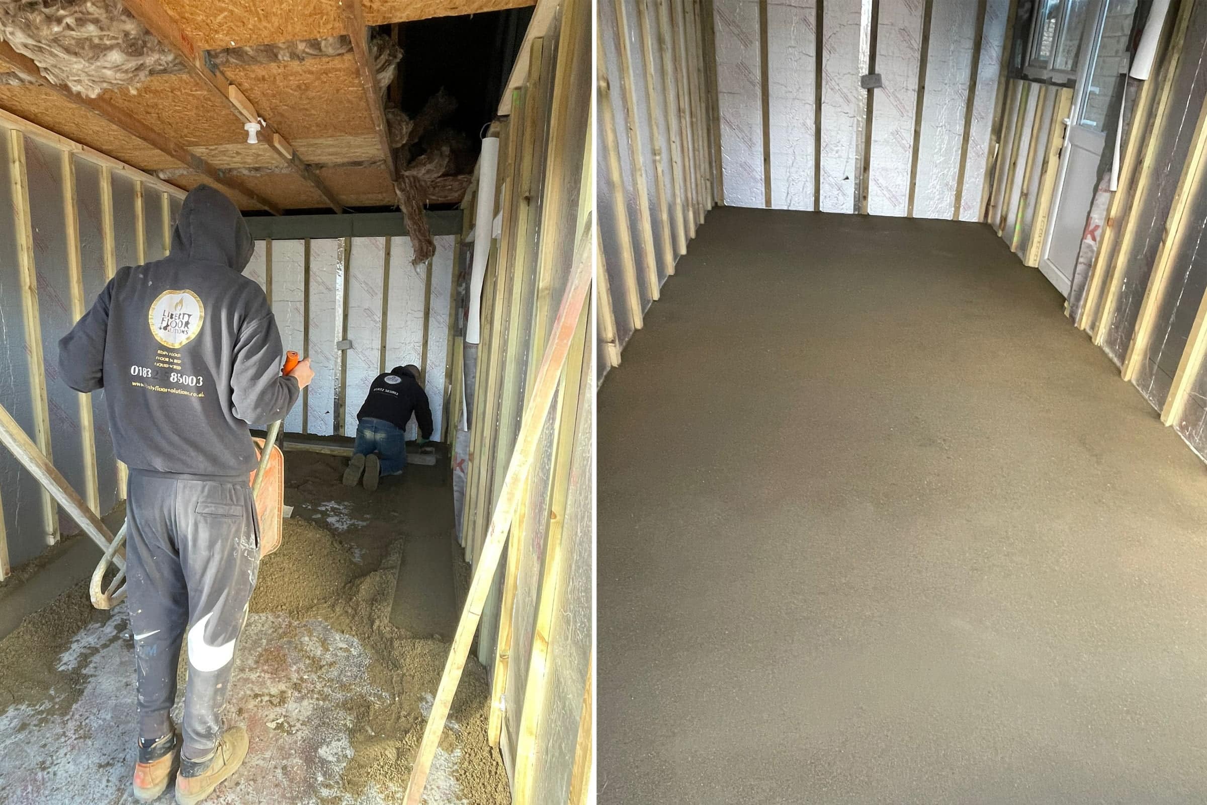 Floor screeding at a garage conversion in Wellingborough Newly installed floor screed surface at a garage conversion project