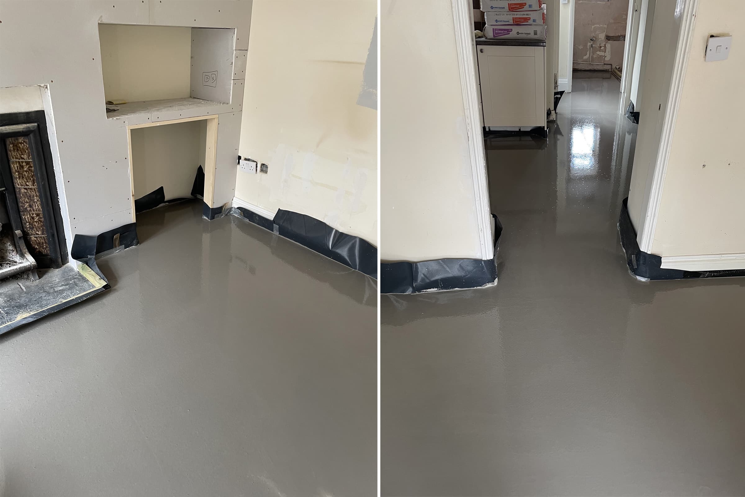 Liquid screed in Wellingborough, Northants Newly installed floor screed surface at a property renovation
