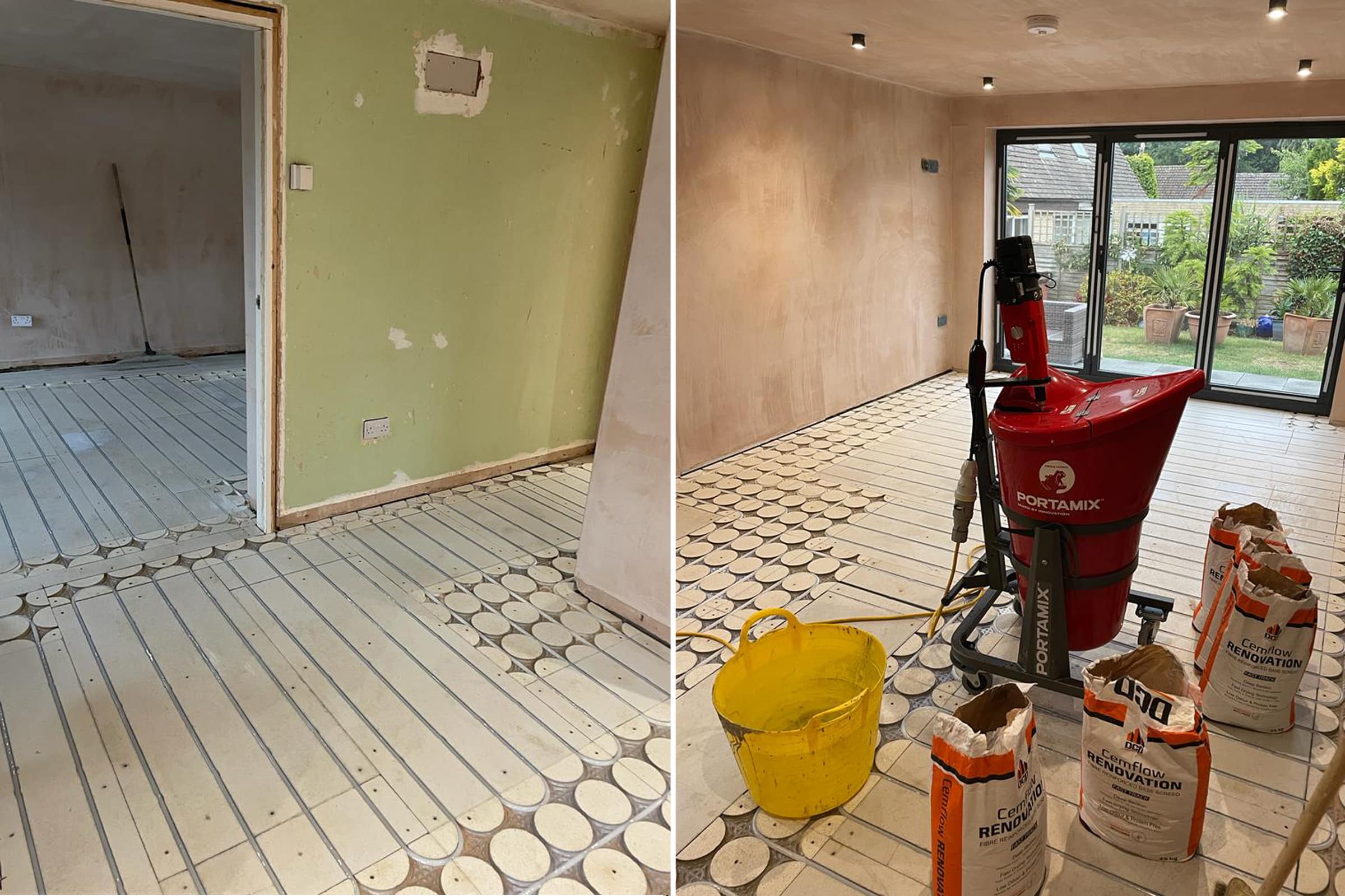 Self levelling screed at a home extension in Pitsford, near Northampton Underfloor heating pipes laid out, with cement mixer and screed materials